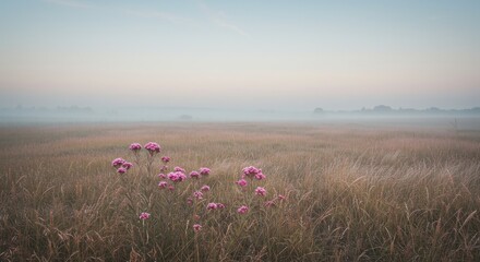 Pink flowers in foggy meadow at dawn