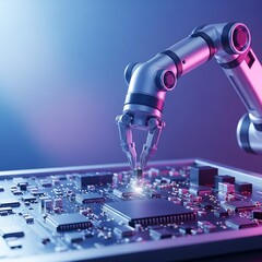 Robotic arm placing a component onto a circuit board.