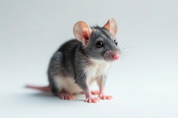 A captivating close-up portrait of a young, adorable grey rodent, showcasing its delicate features and inquisitive gaze against a subtly textured, off-white backdrop