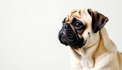 Wrinkled pug, side profile, ears flopped over, white backdrop, white, purebred, nose