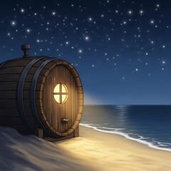 Wooden barrel house on a sandy beach at night.