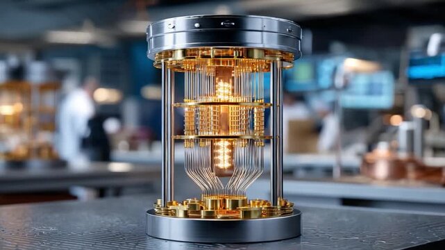 Quantum Computer Prototype: Captivating close-up view of an intricate quantum computer prototype, the future of computing in a cutting-edge laboratory setting.