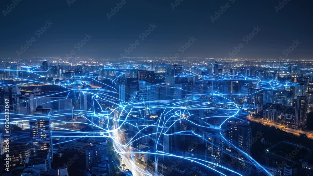 Poster panoramic cityscape at night with bright neon lines representing high-speed data flow and internet c