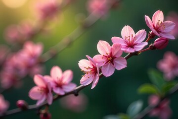 Obraz premium Delicate Pink Blossoms on a Branch in Soft Sunlight, a Symbol of Springtime Renewal and Natural Beauty