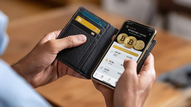 Digital Wallet and Financial Tools: A close-up shot showcases a person's hands holding a smartphone displaying a digital wallet interface, a tangible illustration of finance and security.