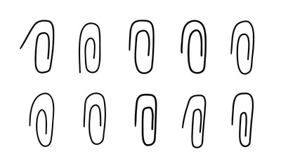 Cute set of paper clips. Hand drawn clips, staples attached. Black clips for paper, documents, notes. Stationery for school, office. Hand-held holders. Doodle, flat clips isolated on white background.