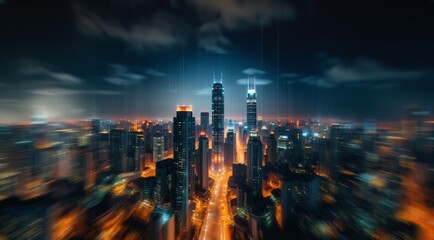 Obraz premium Cyber cities. Skyscrapers landscape. City night panorama. A futuristic city. Futuristic city. Future street, tech realistic urban style, architecture, skyscrapers. The city features.