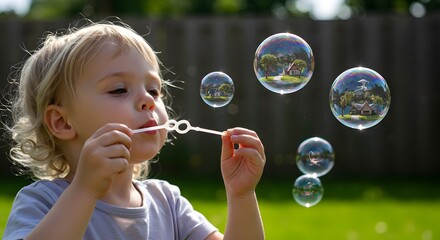 Adorable little girl blowing soap bubbles outdoors in a sunny garden, with reflections of houses and trees in the bubbles, capturing childhood joy and summer fun.