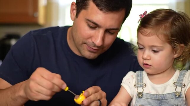 Focused dad repairing a toy with his child watching