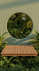 Wooden platform surrounded by lush greenery with a circular window.