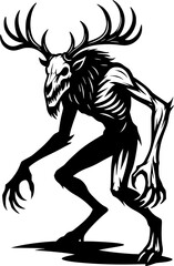 Wendigo Lunging with Elk Skull &ndash; Bold Monochrome Vector Design