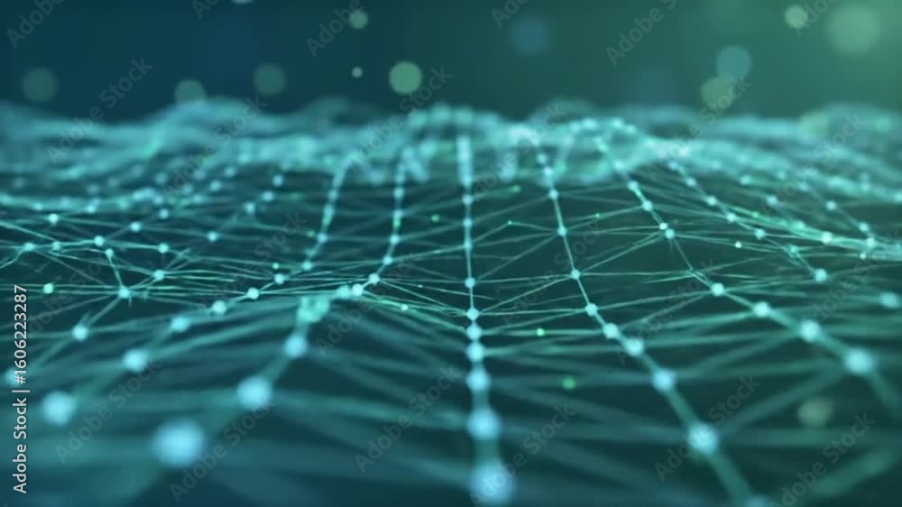 Poster an abstract visualization of a complex digital network forming a technological landscape with glowin