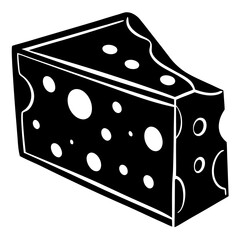 A black silhouette of a slice of cheese with holes on a white background