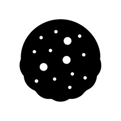 A black and white icon of a chocolate chip cookie isolated on a white background
