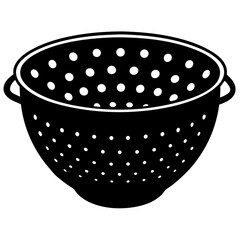 A black silhouette of a colander with handles on a white background