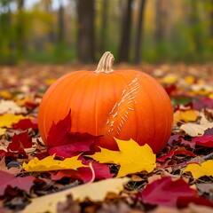 An autumnal pumpkin resting amongst fallen leaves.