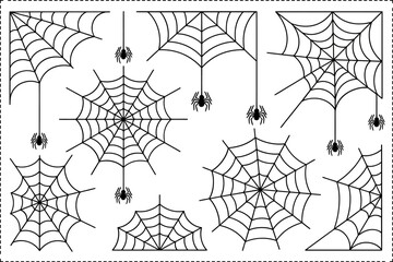 Spider web and hanging spider vector set, Halloween creepy web collection, spooky design, unique creative illustration for crafts