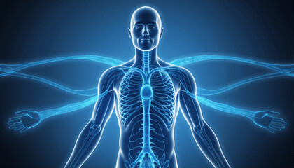 s an animated man with his arms outstretched in front of a blue background