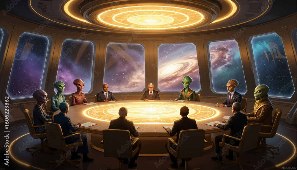 Poster s a group of people sitting around a round table in a room with alien heads. on the table there are 