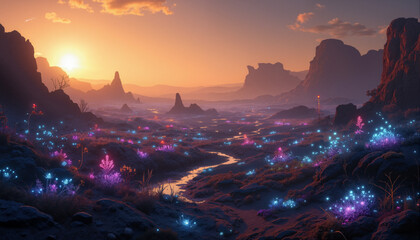 s a beautiful sunset over a desert landscape with a river running through it. The sky is filled with clouds and the sun is setting