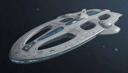 s a futuristic spaceship flying through the sky with planets in the background. It appears to be an animated image