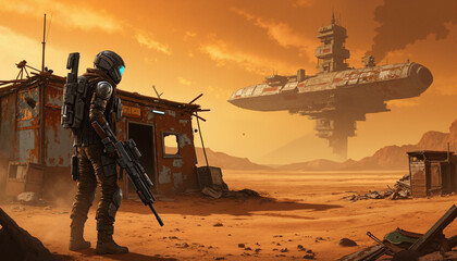 s a man standing in front of a spaceship in a desert landscape. He is wearing a helmet and carrying a gun