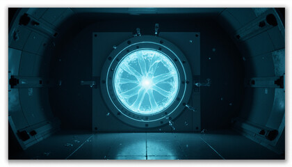 s a large metal door in a dark room with a blue light emanating from it. The door appears to be a bank vault