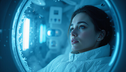 s a woman in a white jacket looking out of a window in a room with a blurred background.