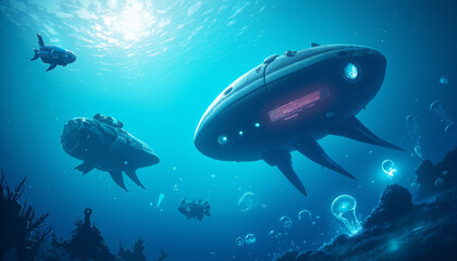 s a group of submarines floating in the ocean
