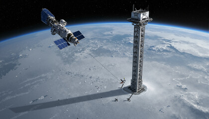 s an artist's rendering of a space station in orbit with a satellite in the background and a tower in the foreground. The sky is dark and the Earth is visible in the distance.