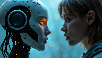 s a woman and a robot looking at each other
