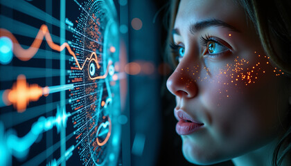 s a woman looking at a computer screen with a futuristic interface