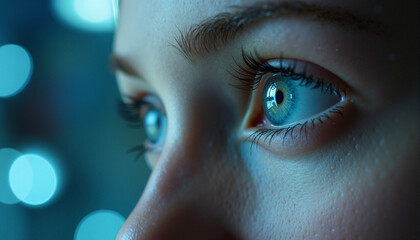 s a close up of a woman's blue eyes with water droplets on them