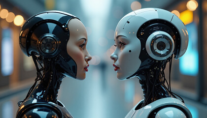 s two robots looking at each other in a futuristic city