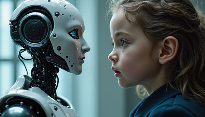 s a little girl looking at a robot