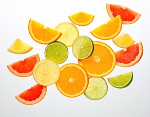 Assorted Citrus Fruit Slices on White Background, Top View