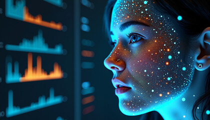 s a woman with glowing dots on her face in front of a computer screen