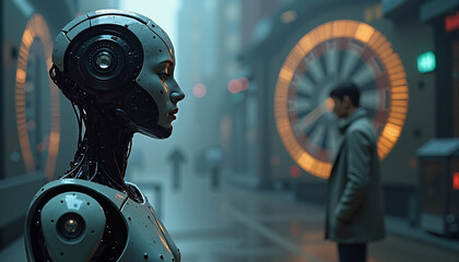s a man standing in front of a futuristic cityscape with a woman in a futuristic suit. The woman is standing on the left side of the image