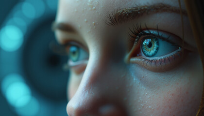 s a close up of a woman's face with blue eyes and freckles