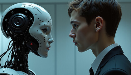 s a man in a suit looking at a robot. The man is on the right side of the image