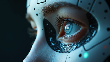 s a close up of a woman's face with a robotic eye. The eye is the focus of the image