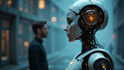 s a man standing next to a robot in front of a building