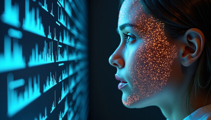 s a woman looking at a computer screen with a futuristic interface on it. Her face is illuminated with a bright light