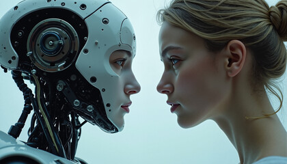 s a woman and a robot looking at each other. The woman is on the right side of the image
