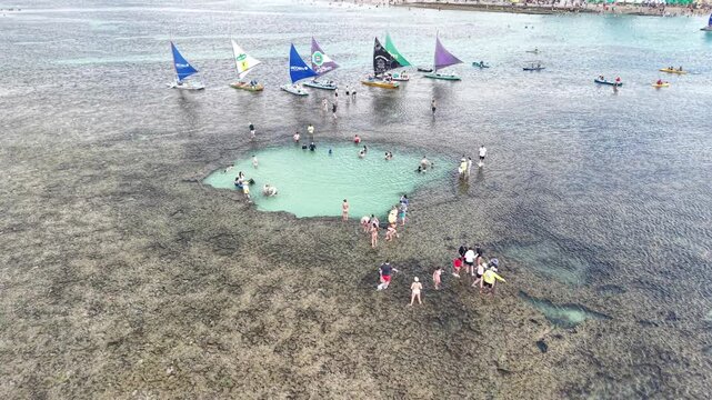 Aerial view of coral reefs of Porto de Galinhas Beach during low tide - Ipojuca, Pernambuco, Brazil