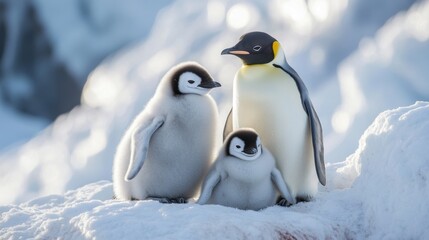 Fluffy emperor penguin chicks standing on snowy antarctic terrain in cold winter light, depicting wildlife behavior and parental bond in natural habitat




