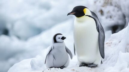 Fototapeta premium Fluffy emperor penguin chicks standing on snowy antarctic terrain in cold winter light, depicting wildlife behavior and parental bond in natural habitat