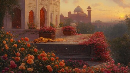 Golden dog rests in Mughal garden at sunrise