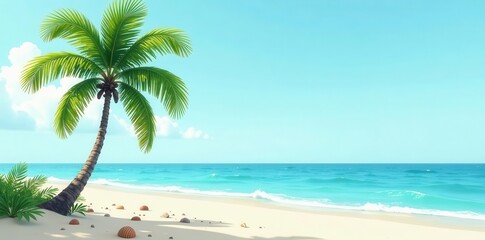 Fototapeta premium Serene tropical beach scene featuring a gently swaying palm tree, tranquil turquoise ocean waves, and a pristine sandy shore dotted with seashells under a vibrant summer sky.