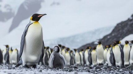 Fluffy emperor penguin chicks standing close together on snowy antarctic terrain during winter, displaying natural wildlife behavior and family bond in cold polar habitat